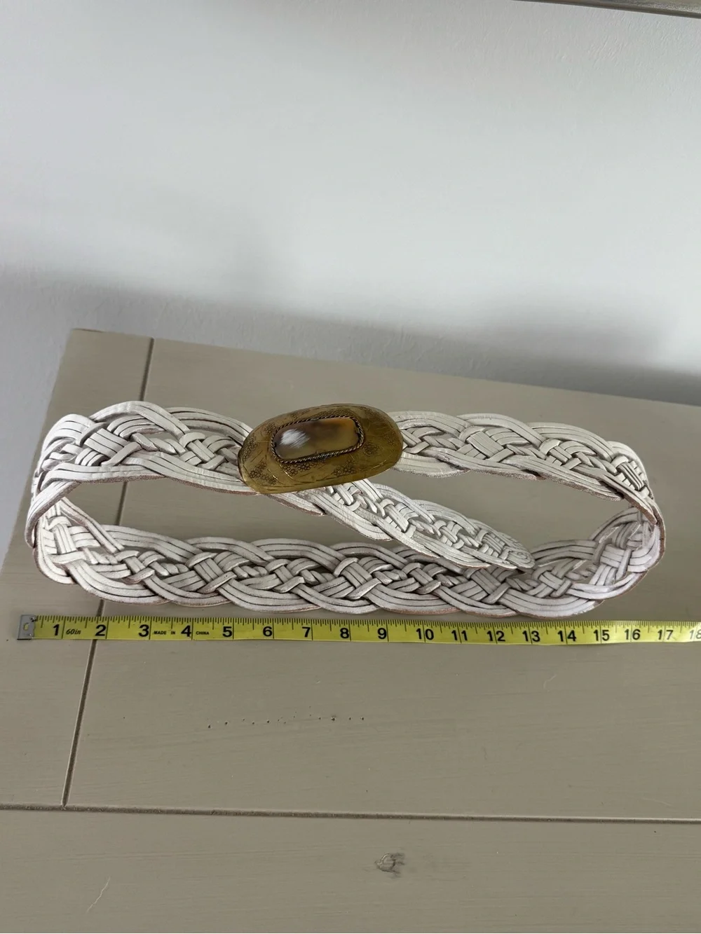 Woven White Leather Belt with Large Gold Buckle